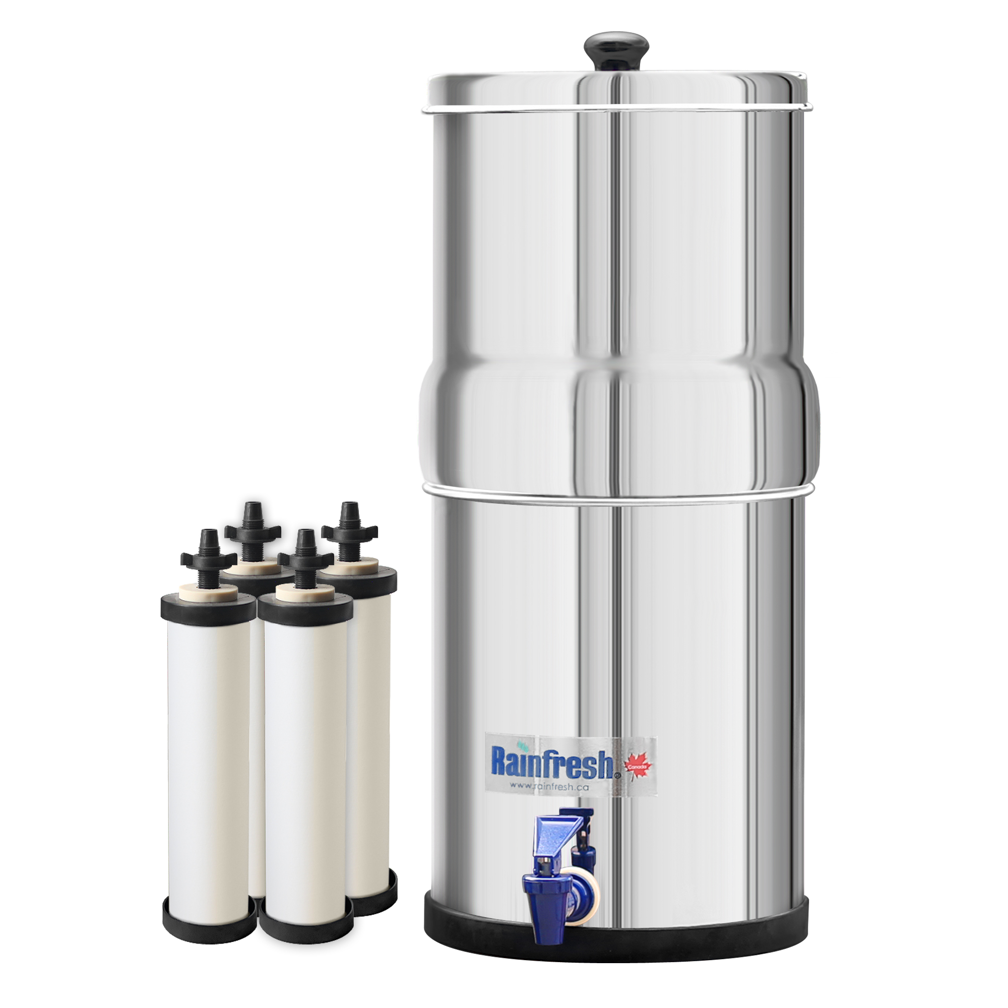 Four ceramic water filter cartridges, two bucket stainless steel water filter unit with lid and tap.